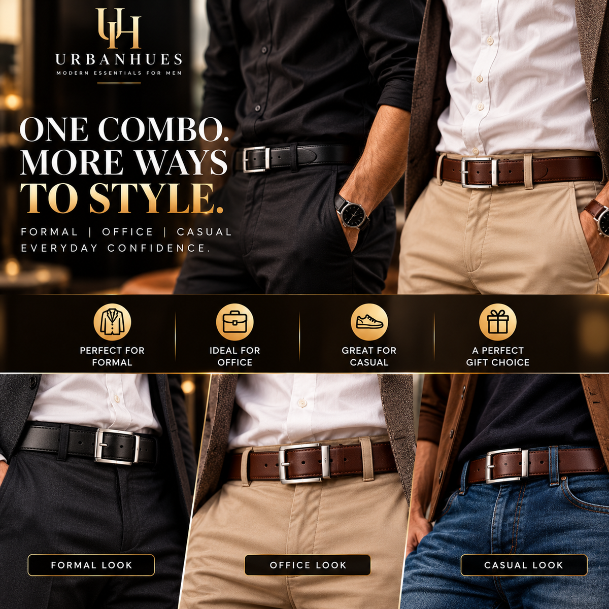 Formal/Casual Black & Brown Color Belts For Men (Pack of 2)