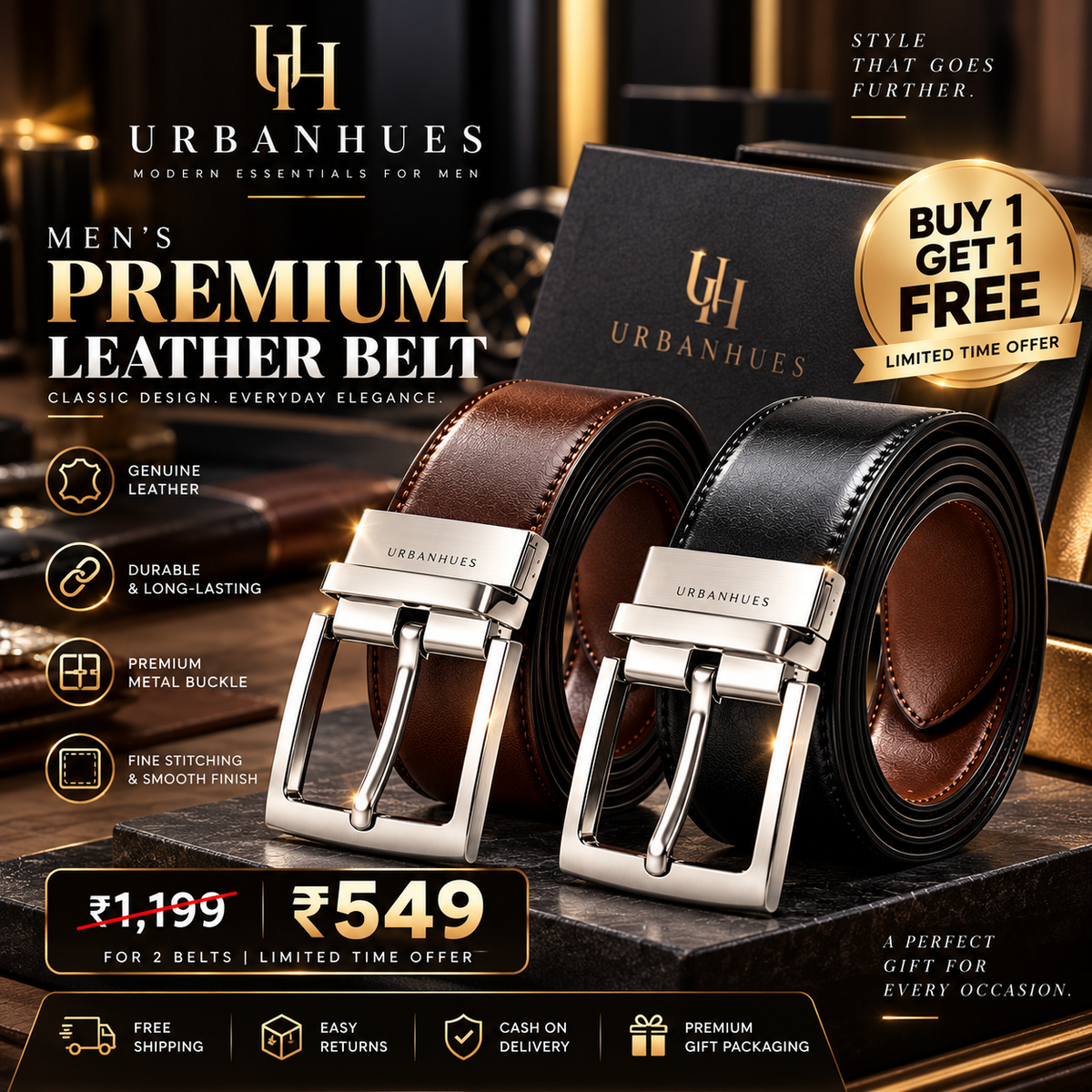 Formal/Casual Black & Brown Color Belts For Men (Pack of 2)